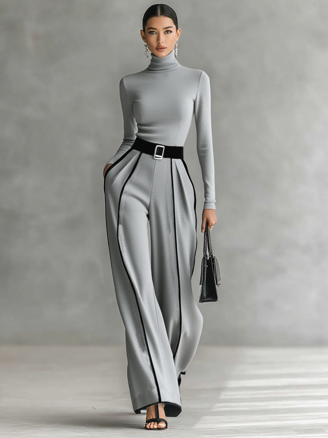 Two-Piece Set for Women with High Neck Top, Long Sleeves, Wide Leg Pants, and Belt