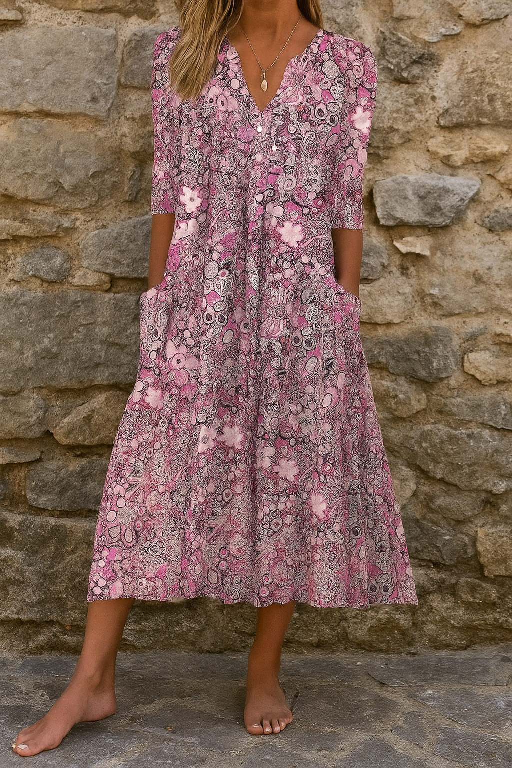 Élise - printed midi dress with a v-neck