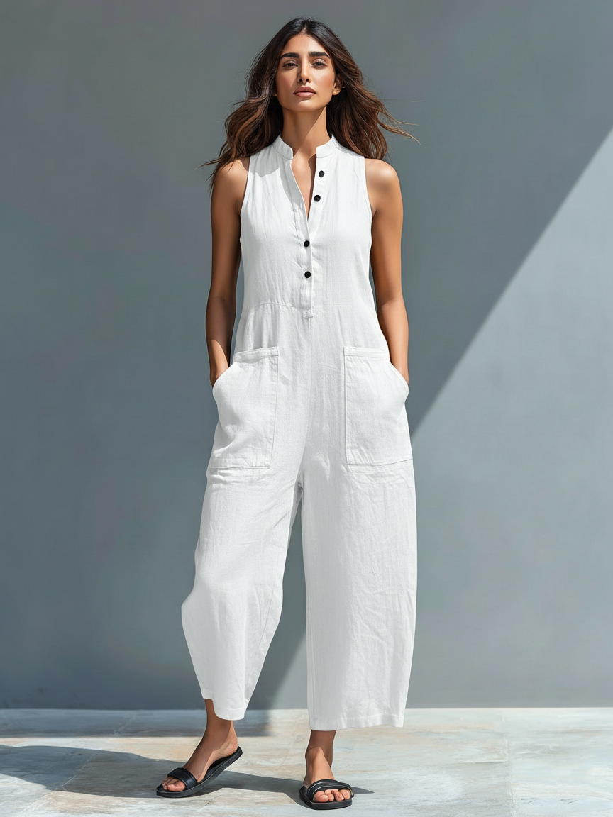 Sleeveless Minimalist Linen Blend Jumpsuit with Raised Collar MDZ2725A5Y
