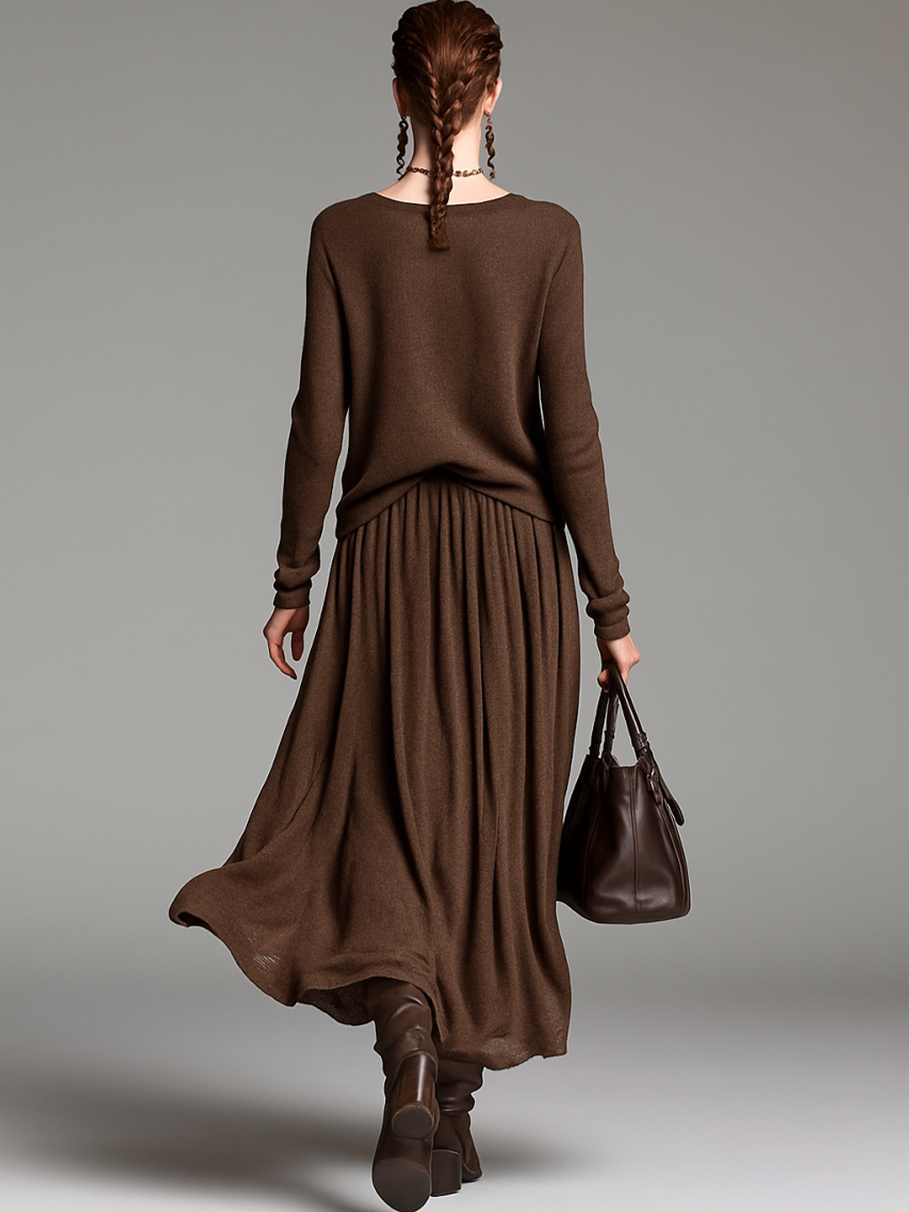 Skirt and Sweater Set with Round Neck