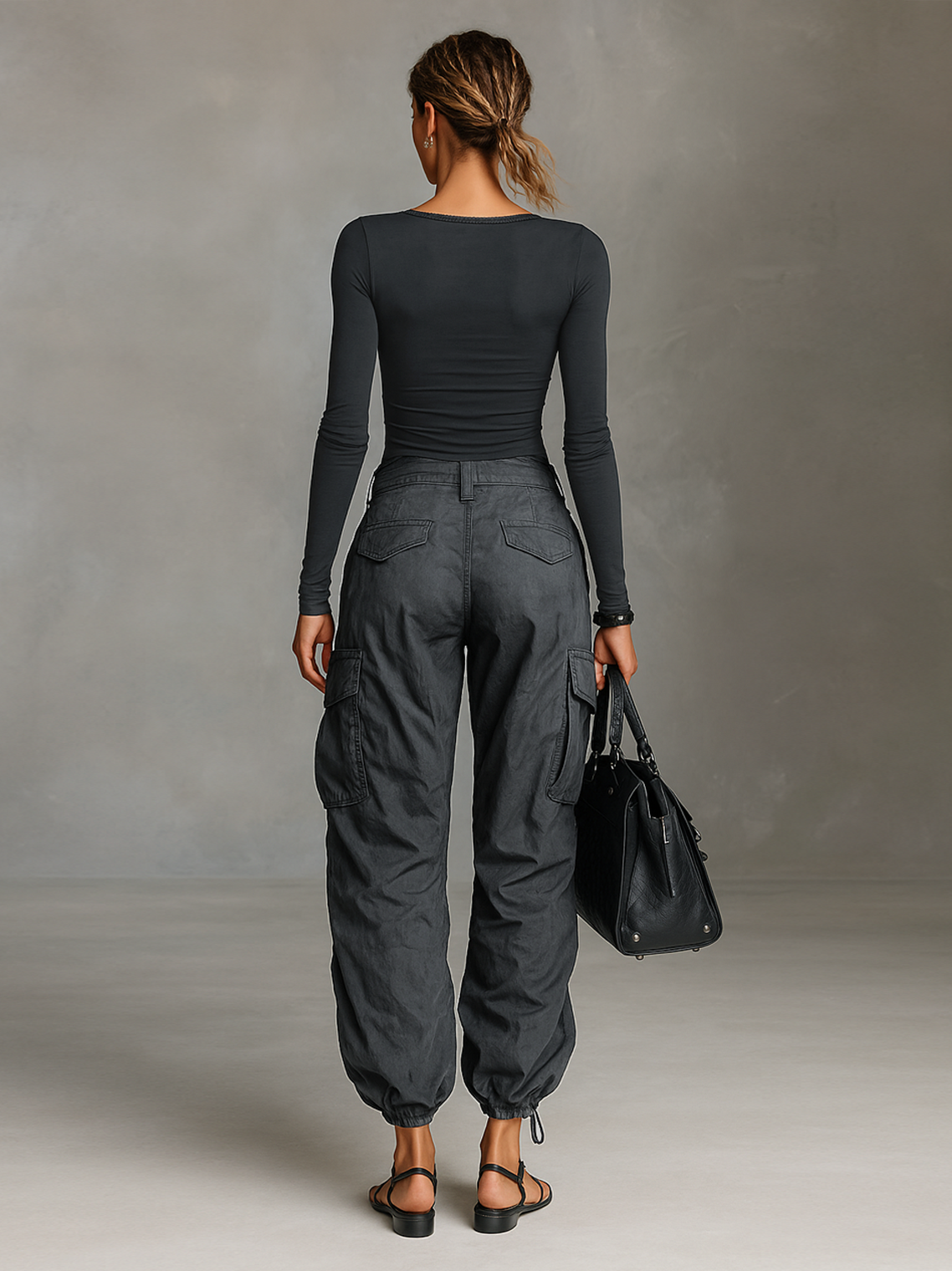 Two-Piece Set Long Sleeve Square Neck T-Shirt and Cargo Pants with Many Pockets