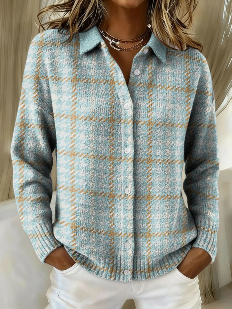 Clara | Sky Plaid Button Knit Cardigan