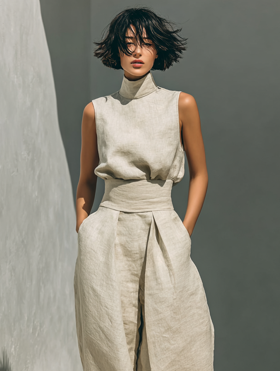 Minimalist Women's Cotton and Linen Wide Leg Pants and Sleeveless Blouse Set MDZ0873A5Y