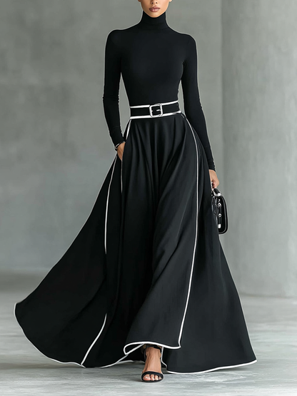 Black Maxi Dress with White Stitching, High Neck, Long Sleeves, and Slim Waist