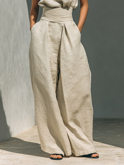 Minimalist Women's Cotton and Linen Wide Leg Pants and Sleeveless Blouse Set MDZ0873A5Y