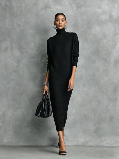 Elegant Black Midi Dress in Knit with High Neck and Long Sleeves, Soft Cut, No Pockets MDA1974L7AN