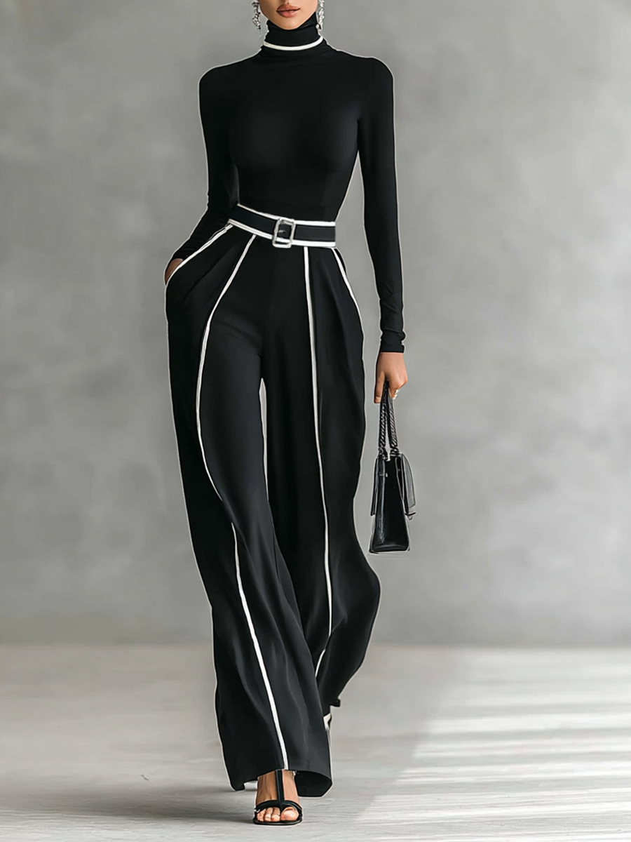 Two-Piece Set for Women with High Neck Top, Long Sleeves, Wide Leg Pants, and Belt