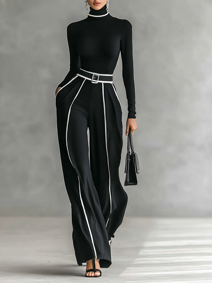 Two-Piece Set for Women with High Neck Top, Long Sleeves, Wide Leg Pants, and Belt