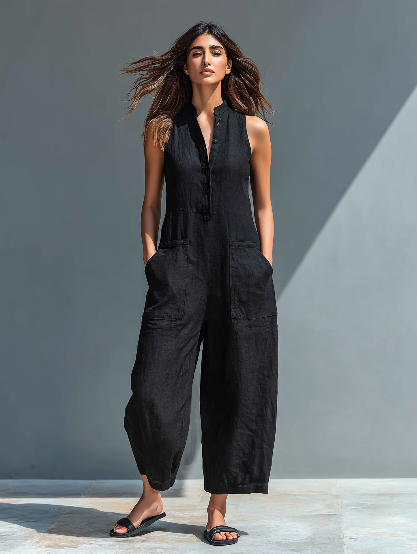 Sleeveless Minimalist Linen Blend Jumpsuit with Raised Collar MDZ2725A5Y