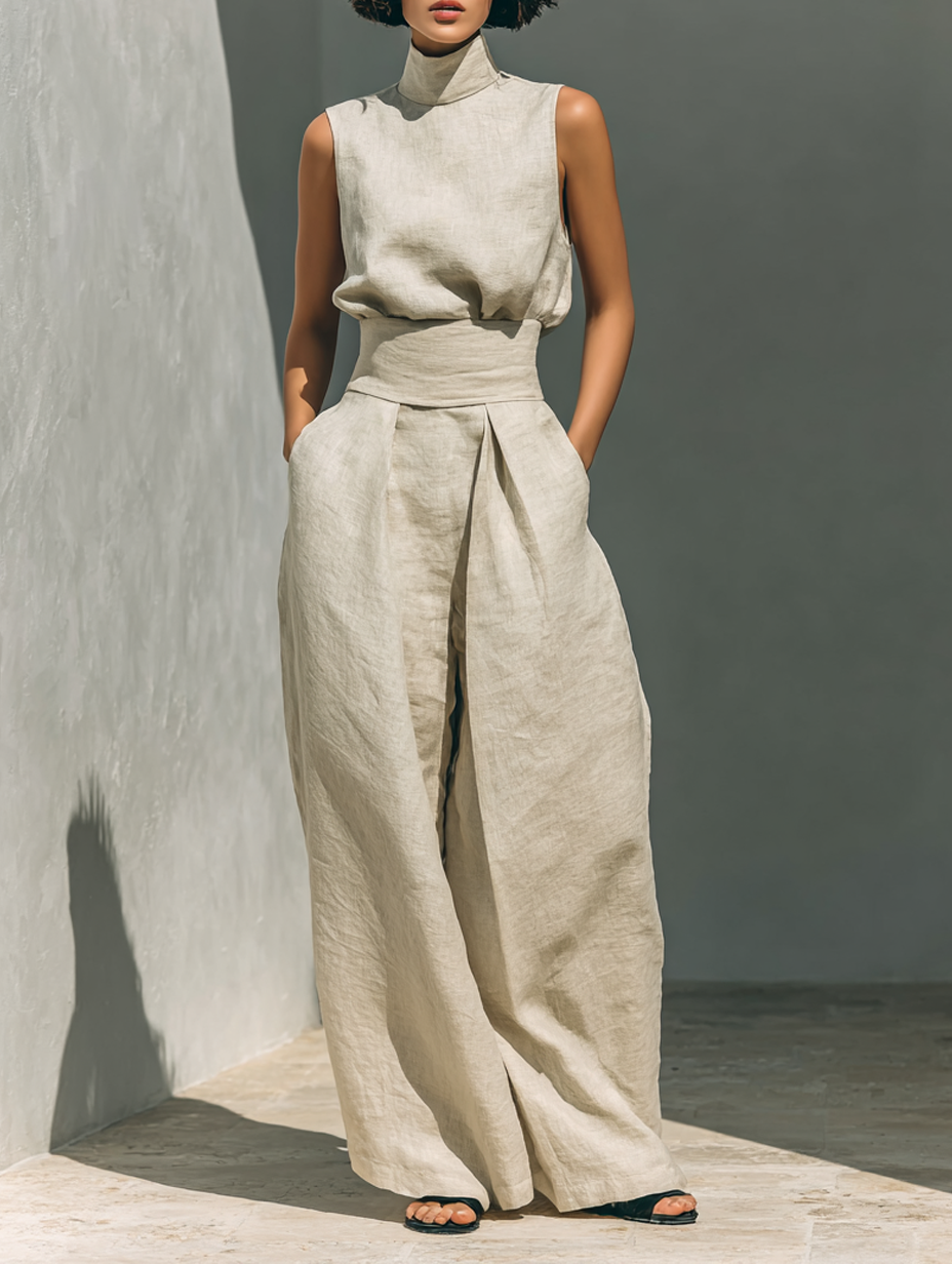 Minimalist Women's Cotton and Linen Wide Leg Pants and Sleeveless Blouse Set MDZ0873A5Y