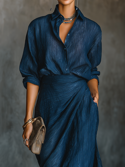 Long Skirt and Elegant Shirt Set in Navy Blue Cotton and Linen