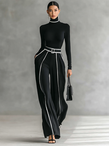 Two-Piece Set for Women with High Neck Top, Long Sleeves, Wide Leg Pants, and Belt