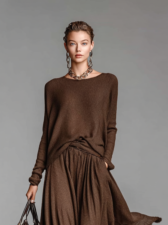 Skirt and Sweater Set with Round Neck