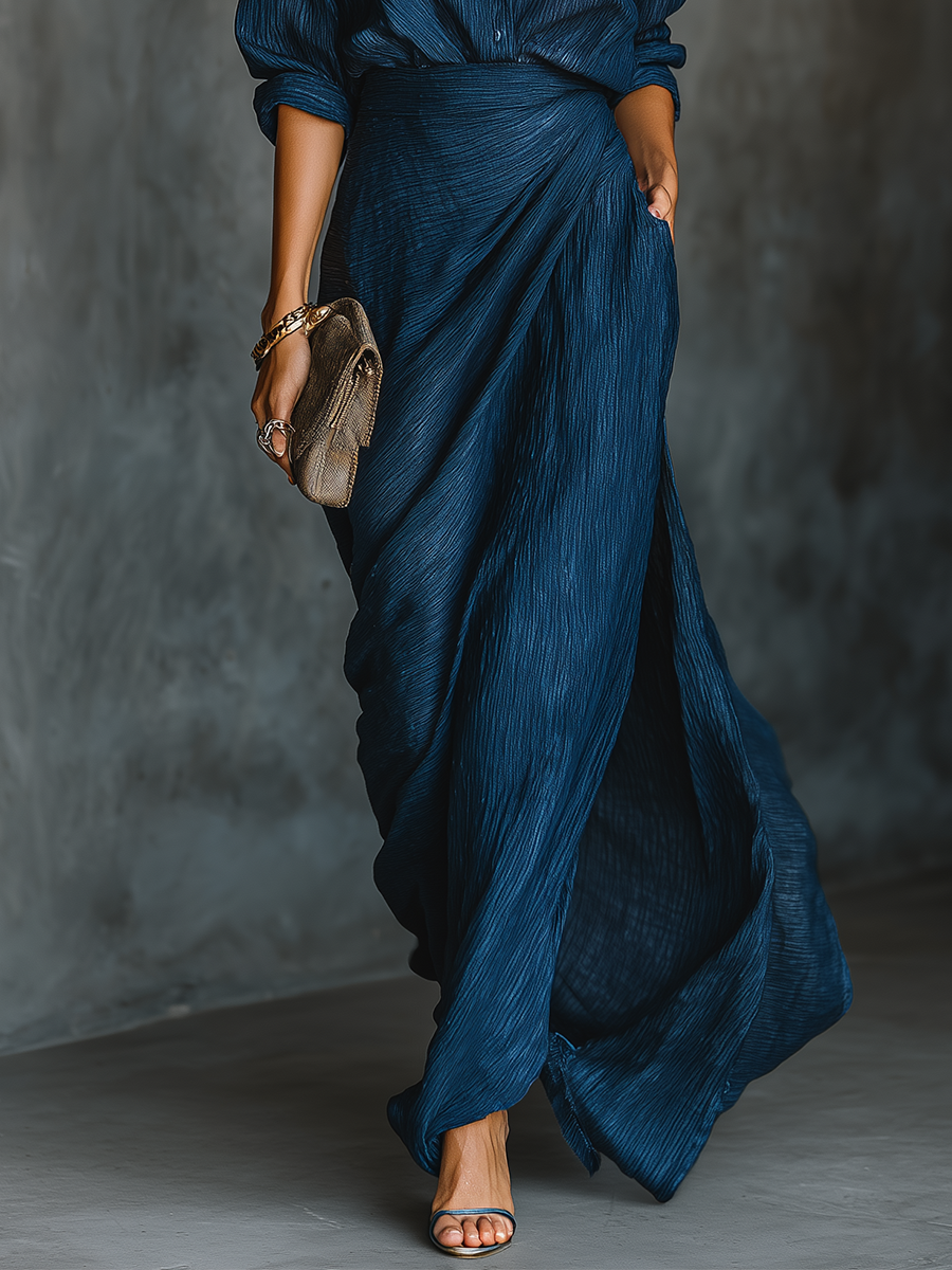 Long Skirt and Elegant Shirt Set in Navy Blue Cotton and Linen