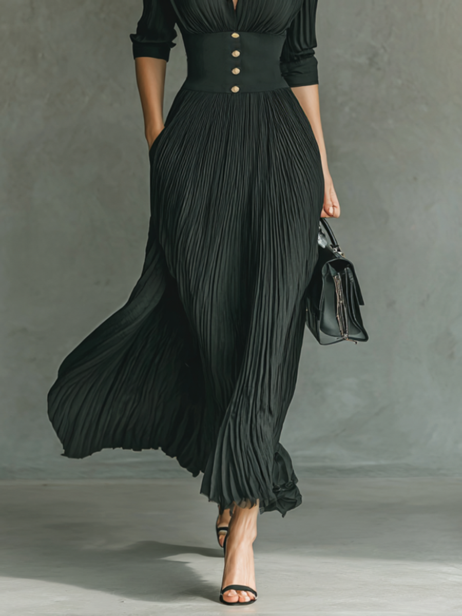 Maxi Long Dress with Long Sleeves and Notched Collar and Pleats