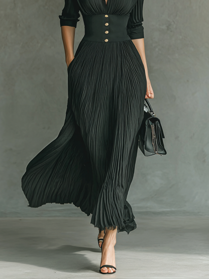 Maxi Long Dress with Long Sleeves and Notched Collar and Pleats
