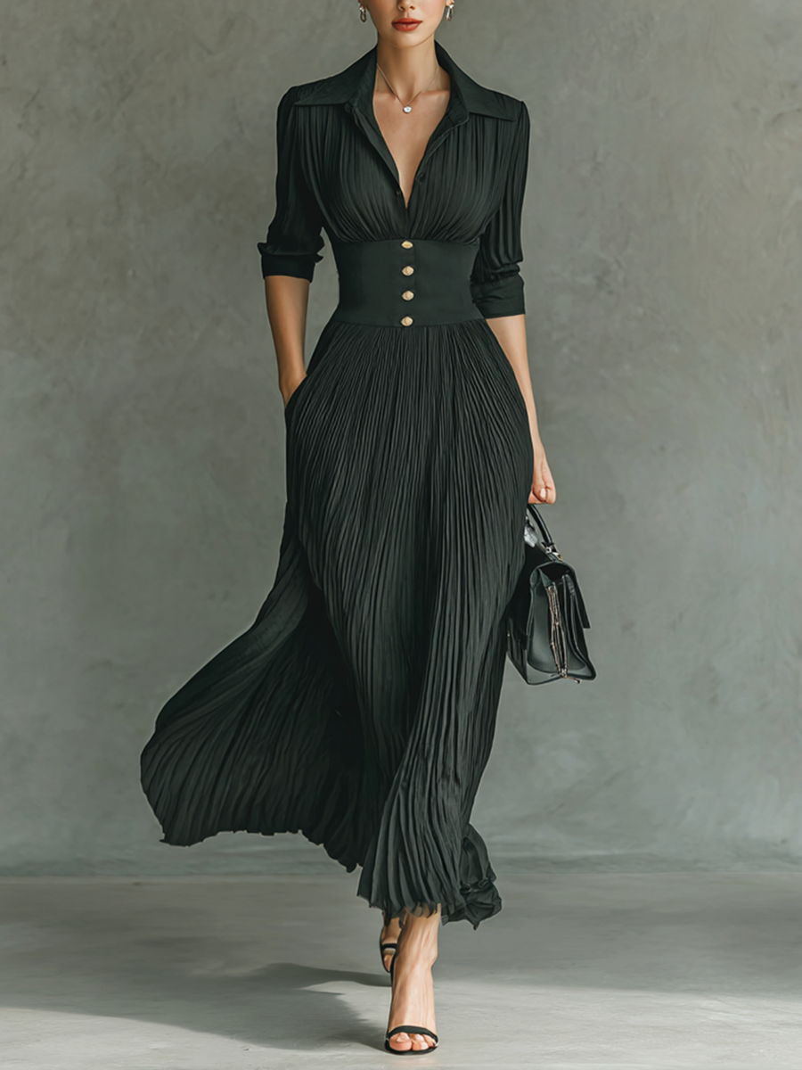 Maxi Long Dress with Long Sleeves and Notched Collar and Pleats