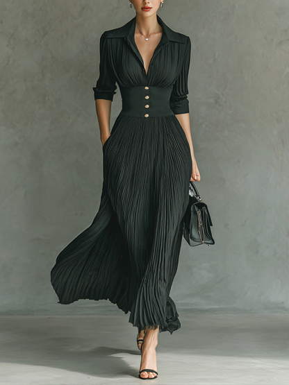 Maxi Long Dress with Long Sleeves and Notched Collar and Pleats