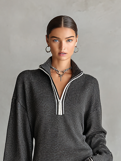 Soft Knit Mini Dress with Polo Collar and Zip
