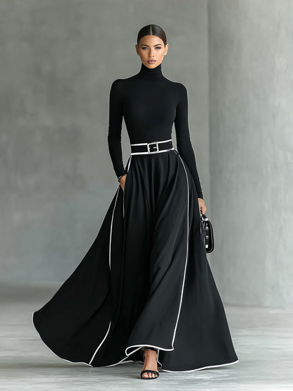 Black Maxi Dress with White Stitching, High Neck, Long Sleeves, and Slim Waist