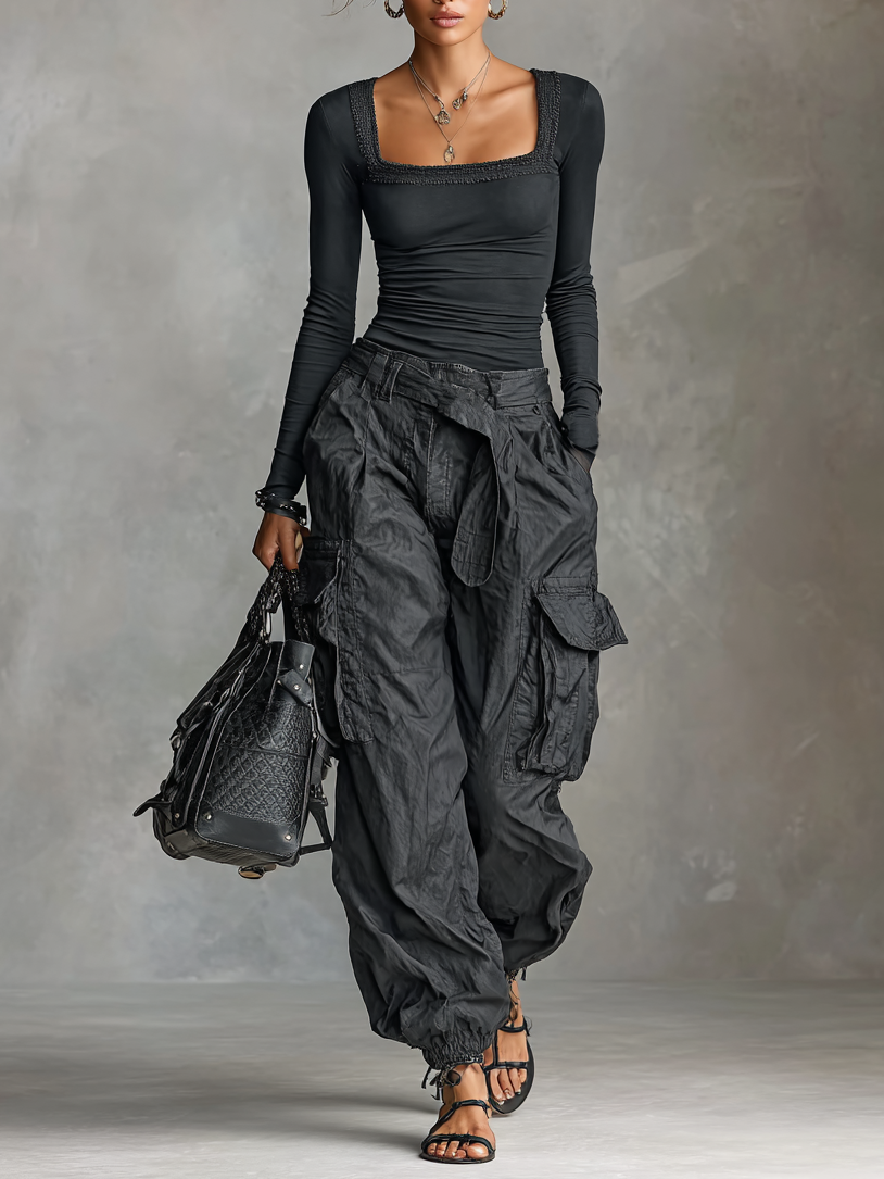 Two-Piece Set Long Sleeve Square Neck T-Shirt and Cargo Pants with Many Pockets