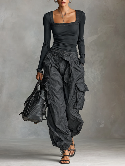 Two-Piece Set Long Sleeve Square Neck T-Shirt and Cargo Pants with Many Pockets