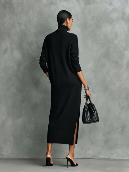 Elegant Black Midi Dress in Knit with High Neck and Long Sleeves, Soft Cut, No Pockets MDA1974L7AN