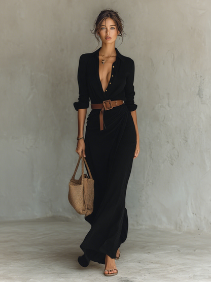 Long Maxi Dress with Collar and Included Belt