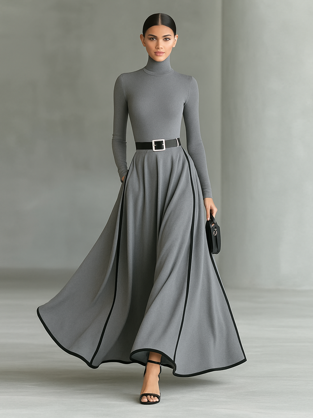 Black Maxi Dress with White Stitching, High Neck, Long Sleeves, and Slim Waist