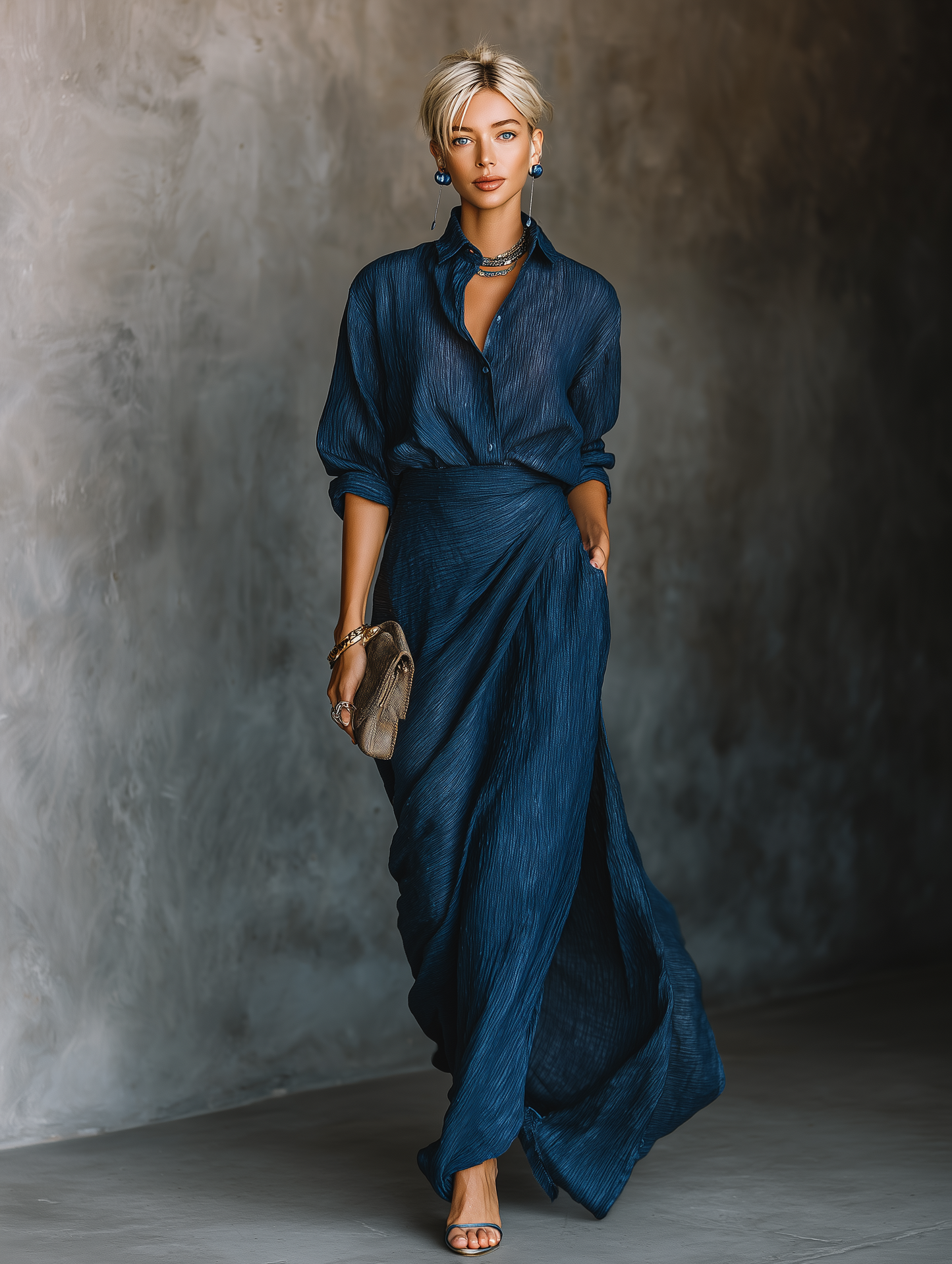 Long Skirt and Elegant Shirt Set in Navy Blue Cotton and Linen