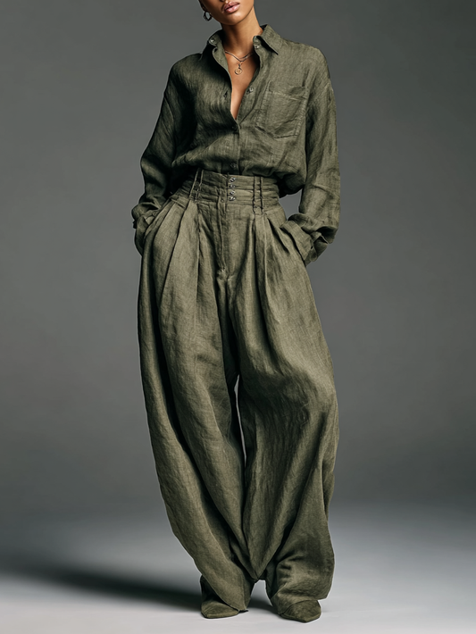 Women's Cotton and Linen Double Set with Long Sleeve Shirt and Wide Leg Pants
