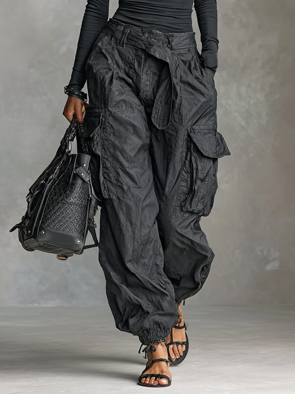 Two-Piece Set Long Sleeve Square Neck T-Shirt and Cargo Pants with Many Pockets