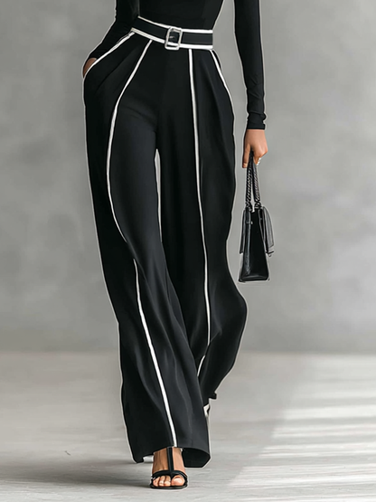 Two-Piece Set for Women with High Neck Top, Long Sleeves, Wide Leg Pants, and Belt