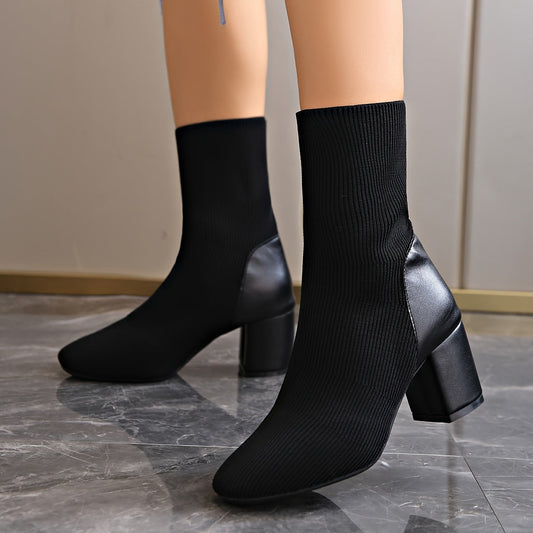 Women's Black Ankle Boots - Knitted with Chunky Heel