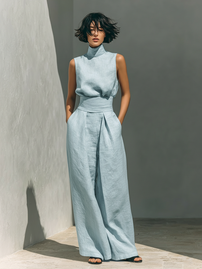 Minimalist Women's Cotton and Linen Wide Leg Pants and Sleeveless Blouse Set MDZ0873A5Y