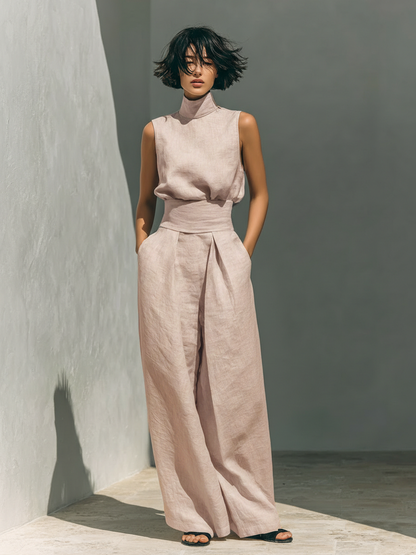 Minimalist Women's Cotton and Linen Wide Leg Pants and Sleeveless Blouse Set MDZ0873A5Y