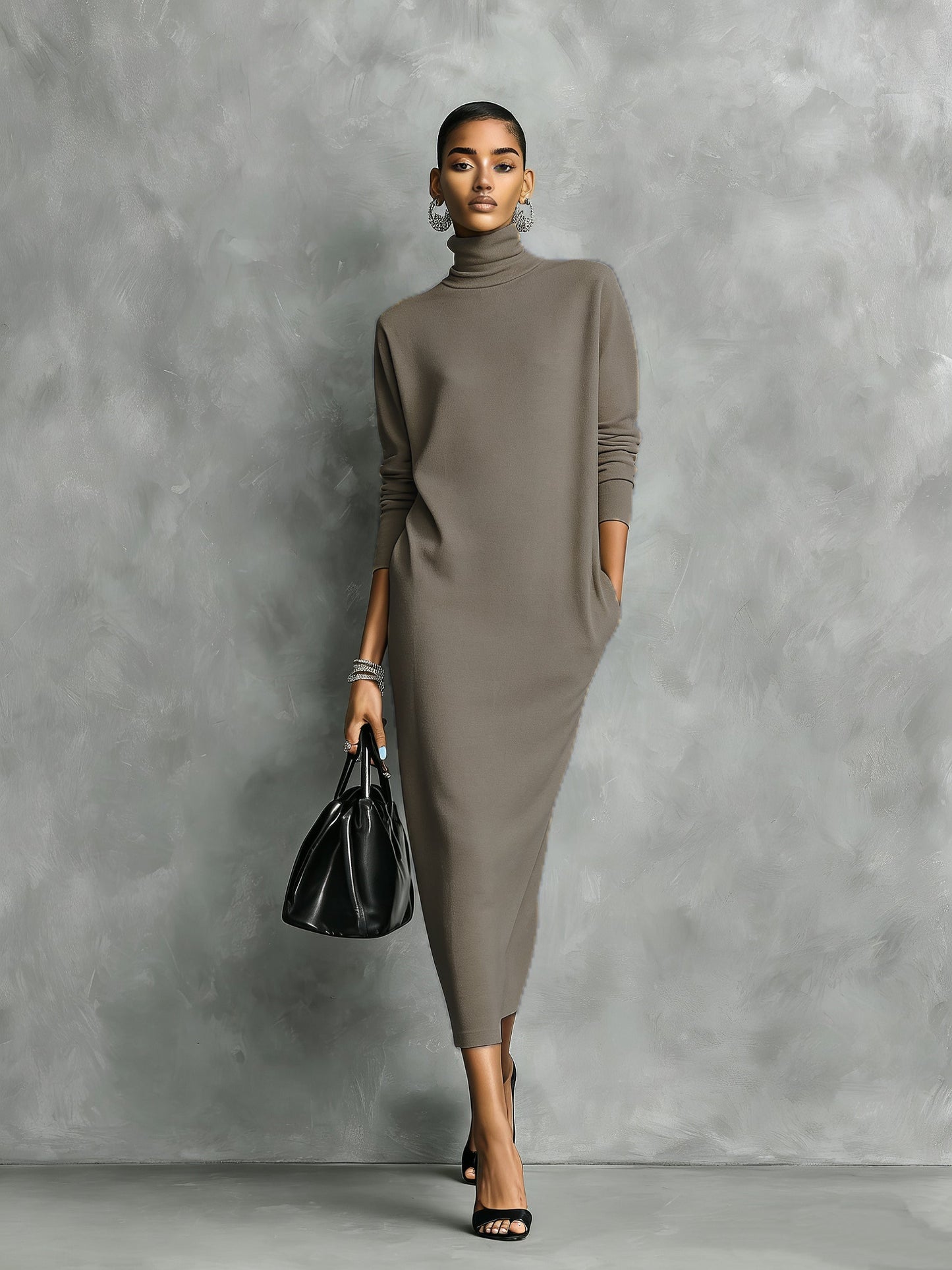 Elegant Black Midi Dress in Knit with High Neck and Long Sleeves, Soft Cut, No Pockets MDA1974L7AN