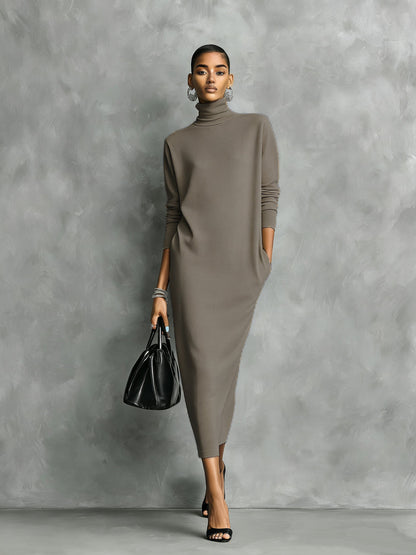 Elegant Black Midi Dress in Knit with High Neck and Long Sleeves, Soft Cut, No Pockets MDA1974L7AN