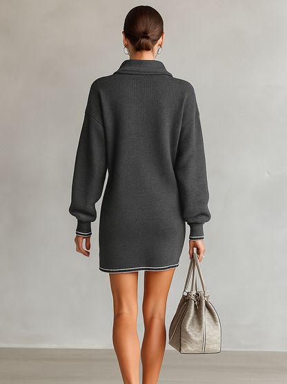 Soft Knit Mini Dress with Polo Collar and Zip