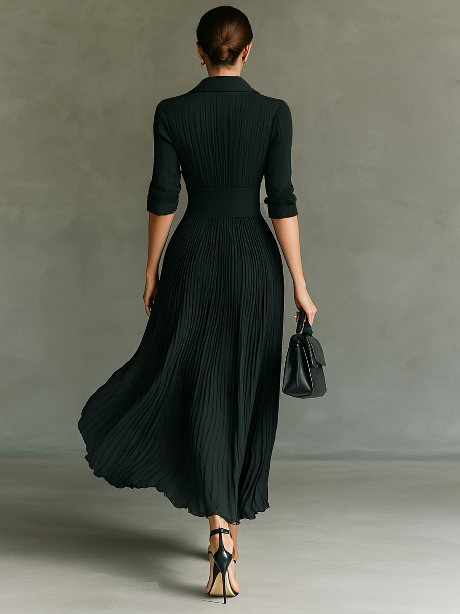 Maxi Long Dress with Long Sleeves and Notched Collar and Pleats