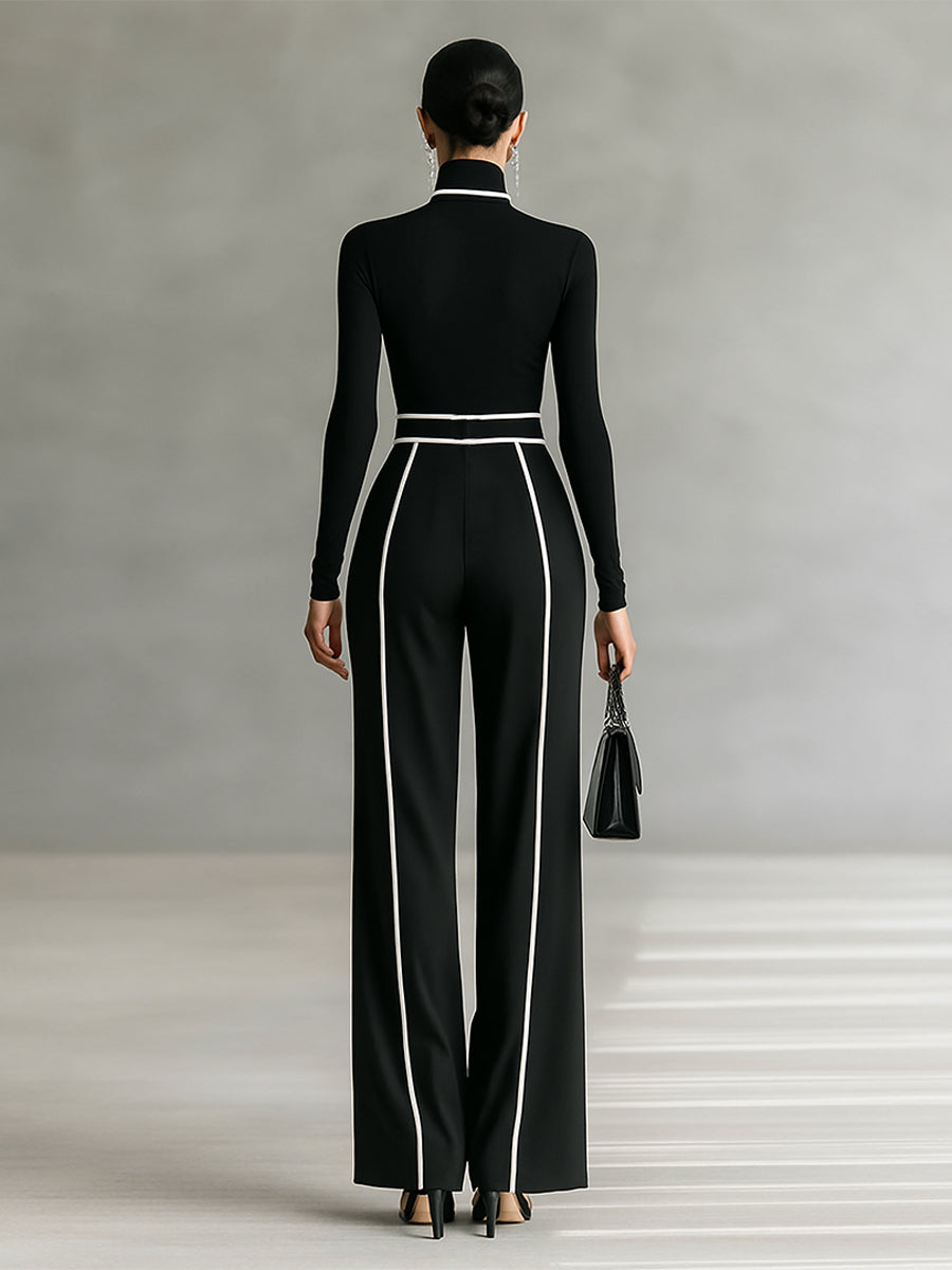 Two-Piece Set for Women with High Neck Top, Long Sleeves, Wide Leg Pants, and Belt