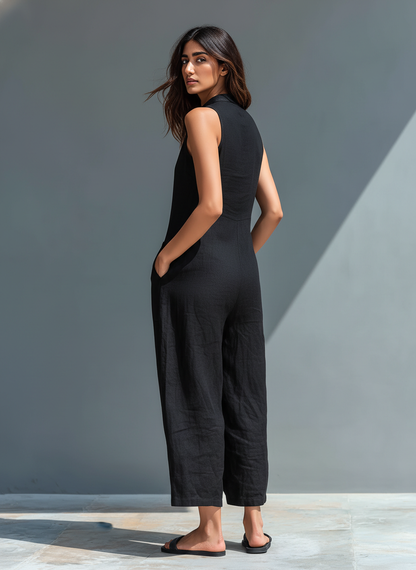 Sleeveless Minimalist Linen Blend Jumpsuit with Raised Collar MDZ2725A5Y