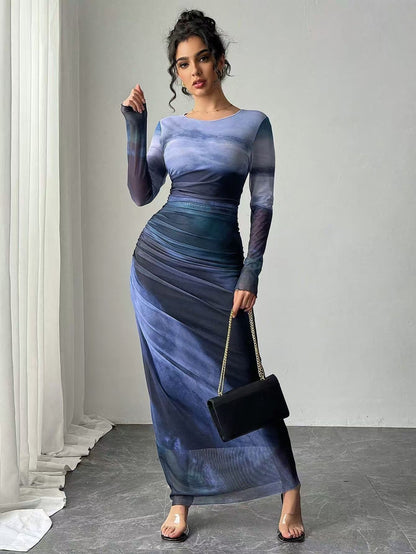 TORINA - Comfy Printed Long Sleeve Round Neck Bodycon Maxi Dress