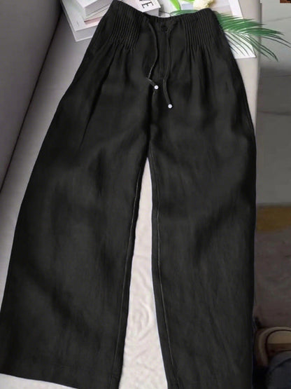Lina™ | Women's Solid Pleated Drawstring Cotton-Linen Wide-Leg Pants