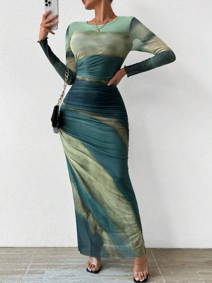 TORINA - Comfy Printed Long Sleeve Round Neck Bodycon Maxi Dress
