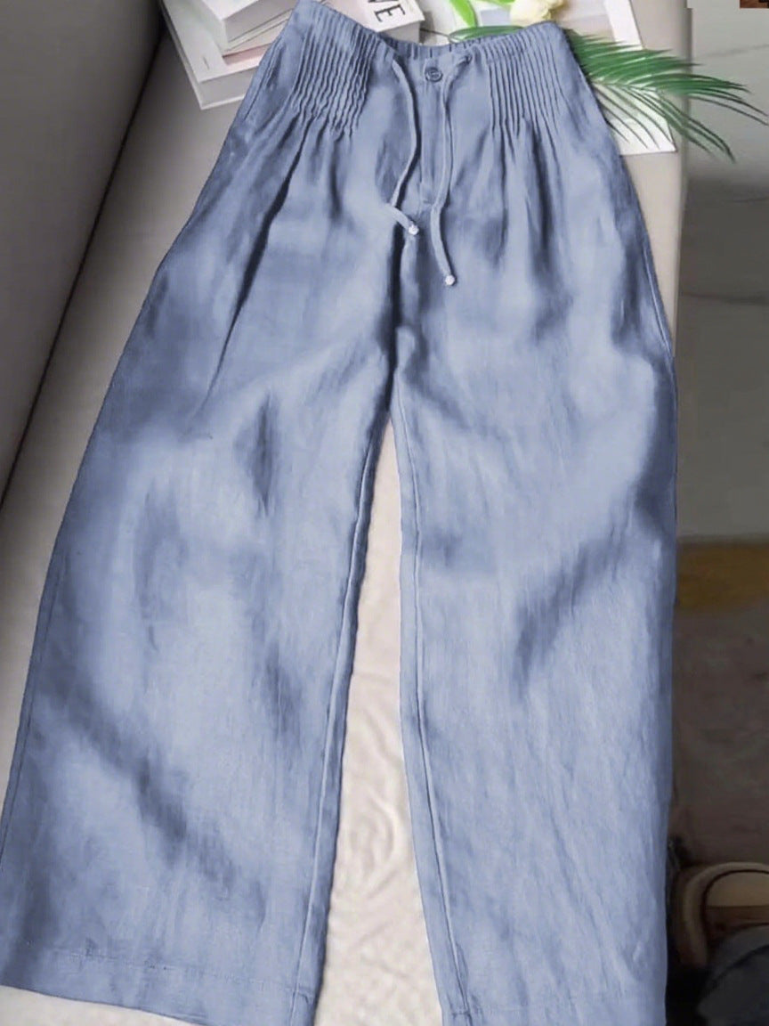 Lina™ | Women's Solid Pleated Drawstring Cotton-Linen Wide-Leg Pants