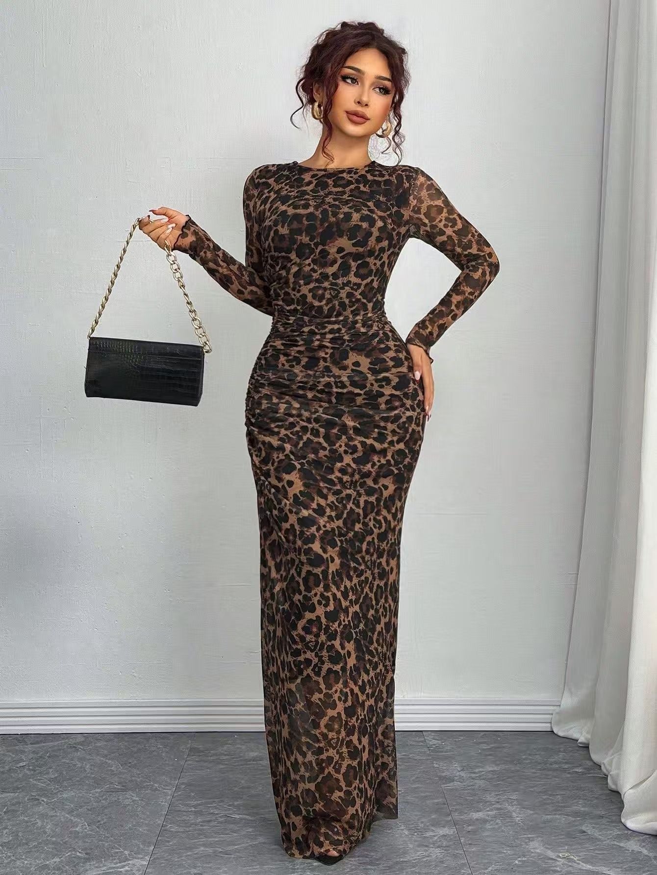 TORINA - Comfy Printed Long Sleeve Round Neck Bodycon Maxi Dress