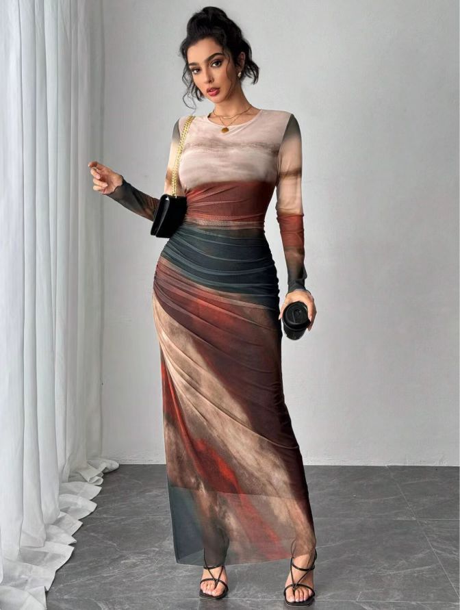 TORINA - Comfy Printed Long Sleeve Round Neck Bodycon Maxi Dress