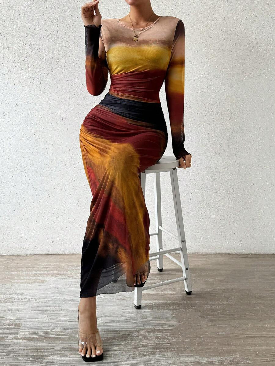 TORINA - Comfy Printed Long Sleeve Round Neck Bodycon Maxi Dress