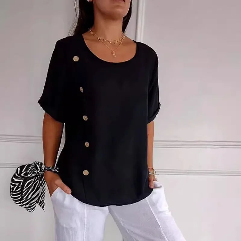 Elina™ | Button-Drape Elegant Blouse